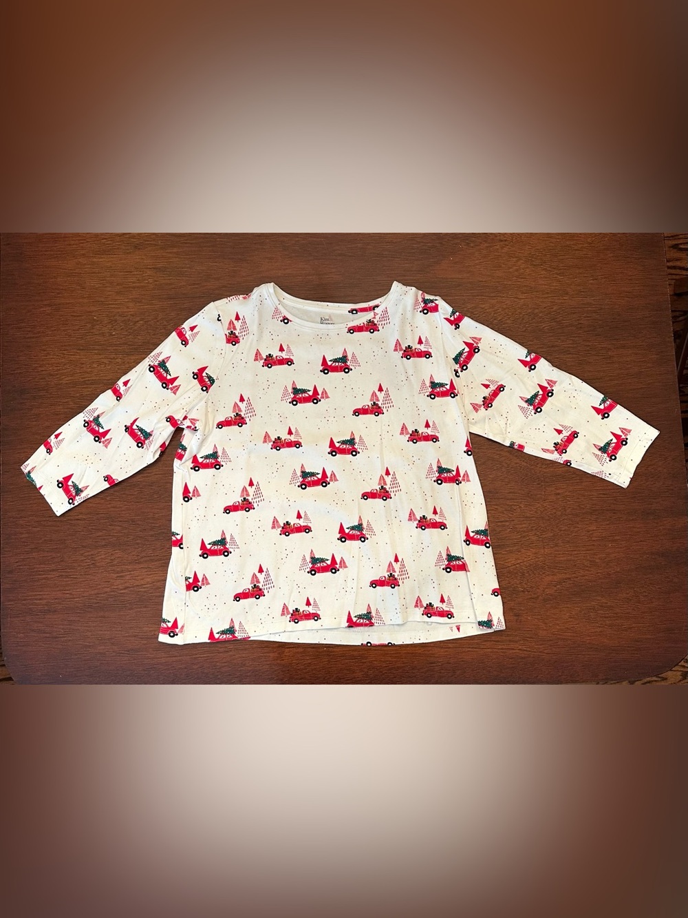 Kim Rogers Women’s White 3/4 Length Top with Red Truck Holiday Print